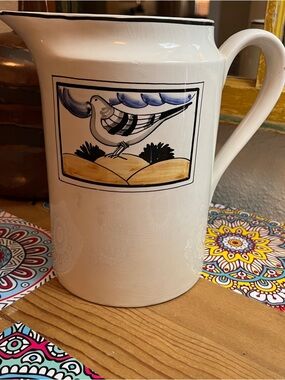 Vintage Mancer White Ceramic Pitcher with Blue and Gold Bird Motif made in Italy